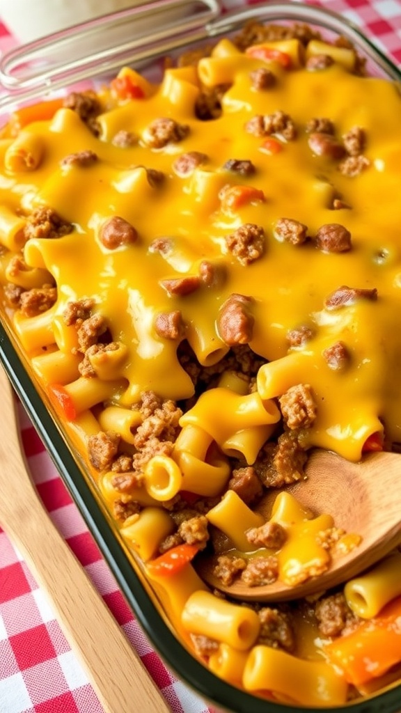 A delicious hamburger pasta casserole with ground beef, pasta, and melted cheese in a baking dish.